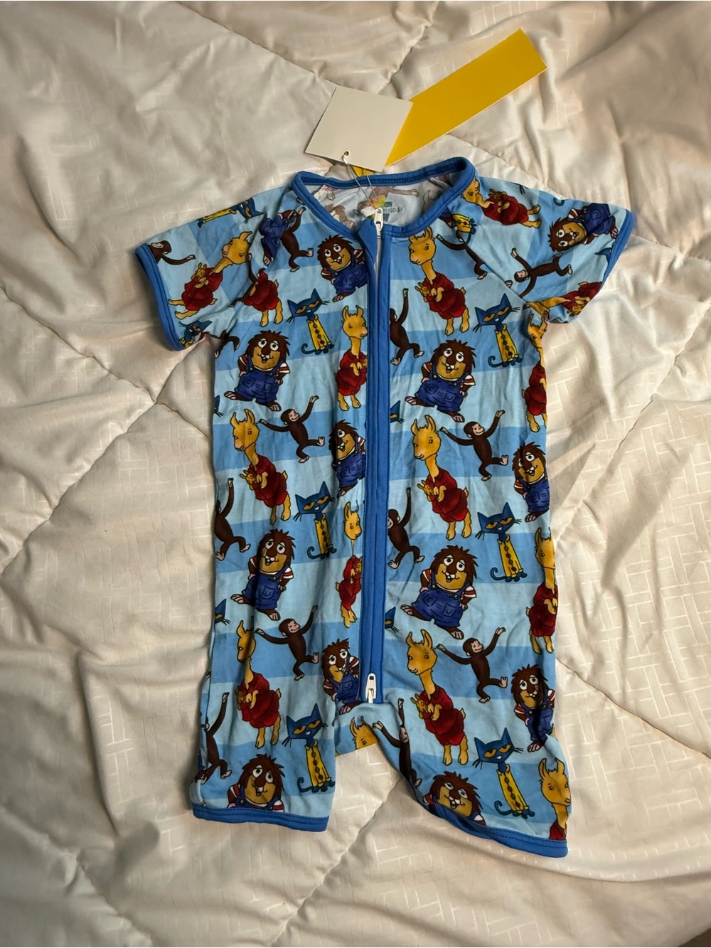 Bamboo Kids Short-Sleeve One-Piece Romper in Light Blue with Animal Print